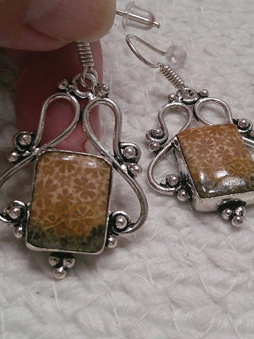 Stunning FOSSIL CORAL Handmade Sterling 925 Dangle Earrings #69F